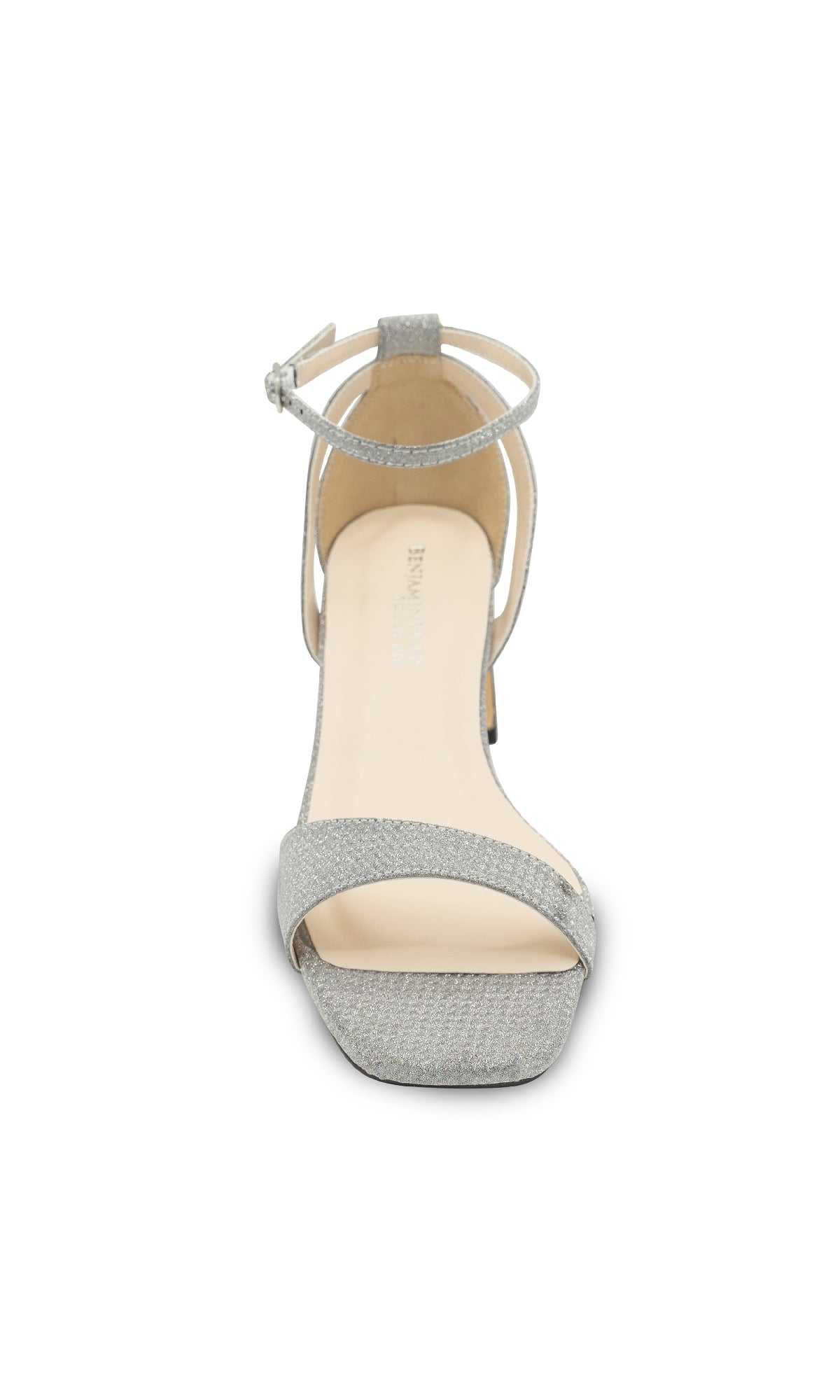 Front view of the Lilibet Silver Prom Shoes: Touch Ups 4671—a single silver high-heeled sandal with ankle strap and open toe, ideal as glitter prom sandals—displayed on a white background.
